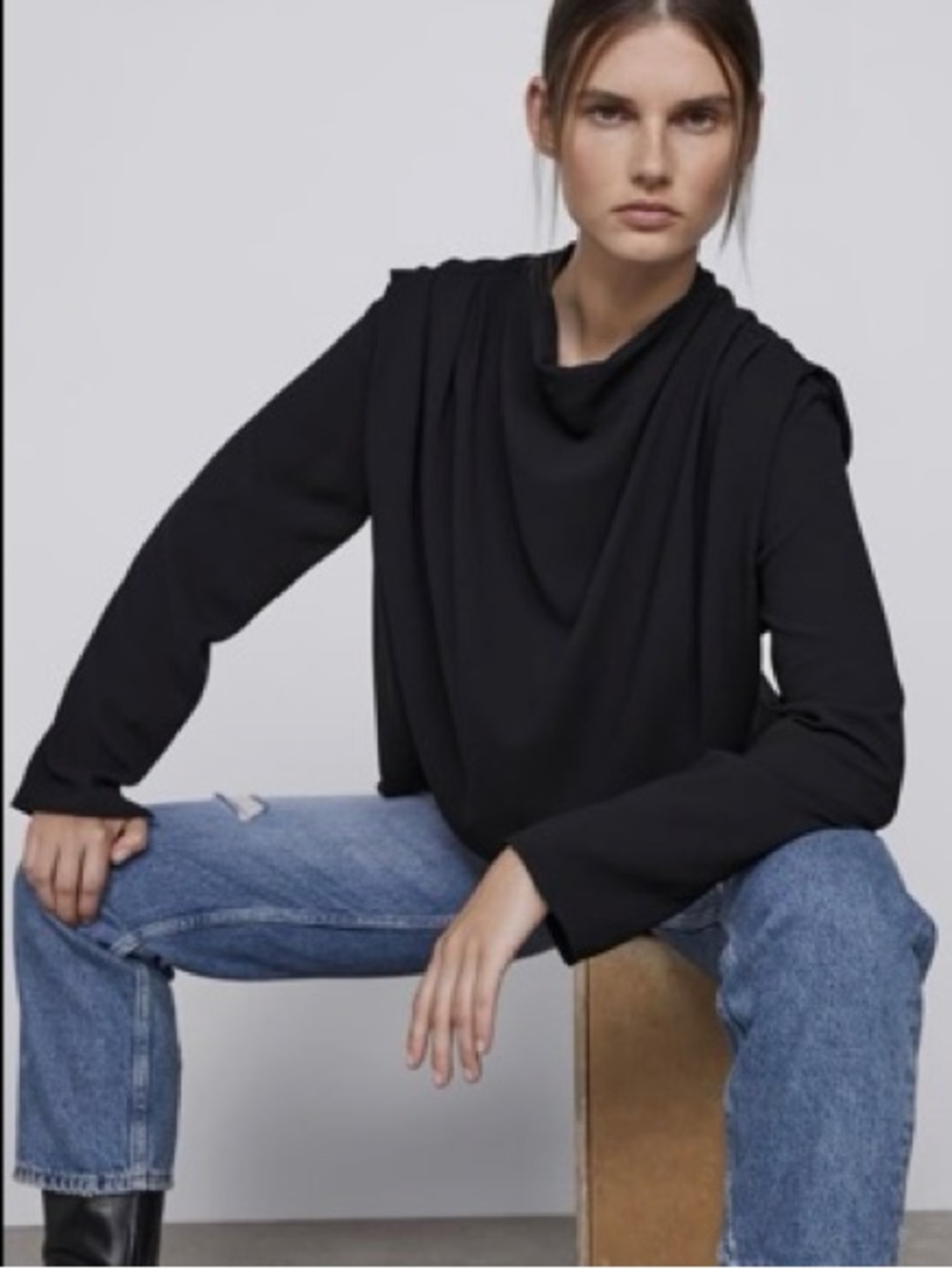 Zara Black Draped Long-Sleeve Women's Top